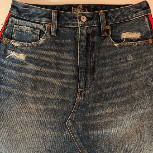Abercrombie Jean Skirt w/ Red Stripe + Distressing - Picture 4 of 10